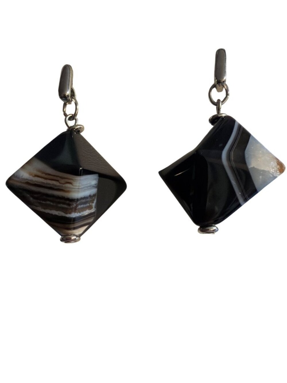 Vtg Silver Tone Striped Agate Dangle Earrings Black White 3D Drop Estate 1.75"